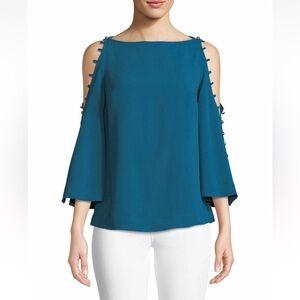 Trina Turk Amor Button Cold-Shoulder Top, Truest Teal size M